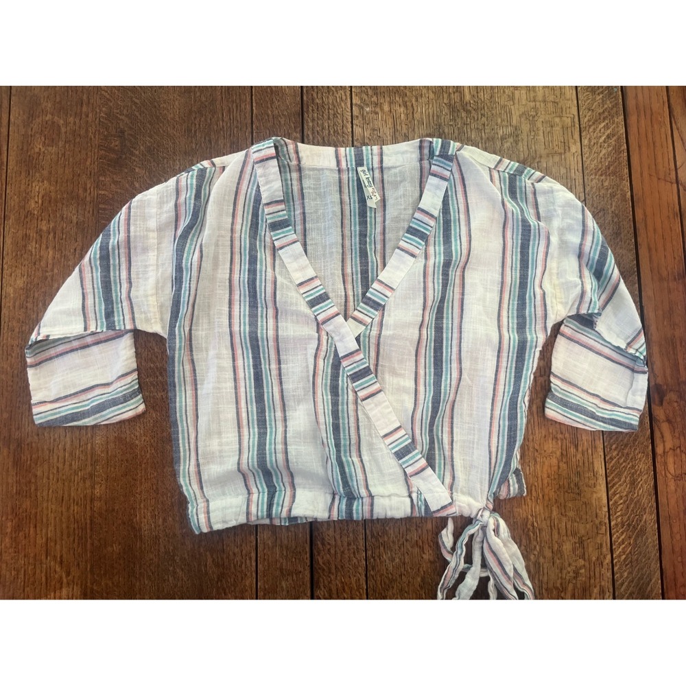 100% cotton coastal gauze striped faux wrap top S‎ euro summer fisherman stripes